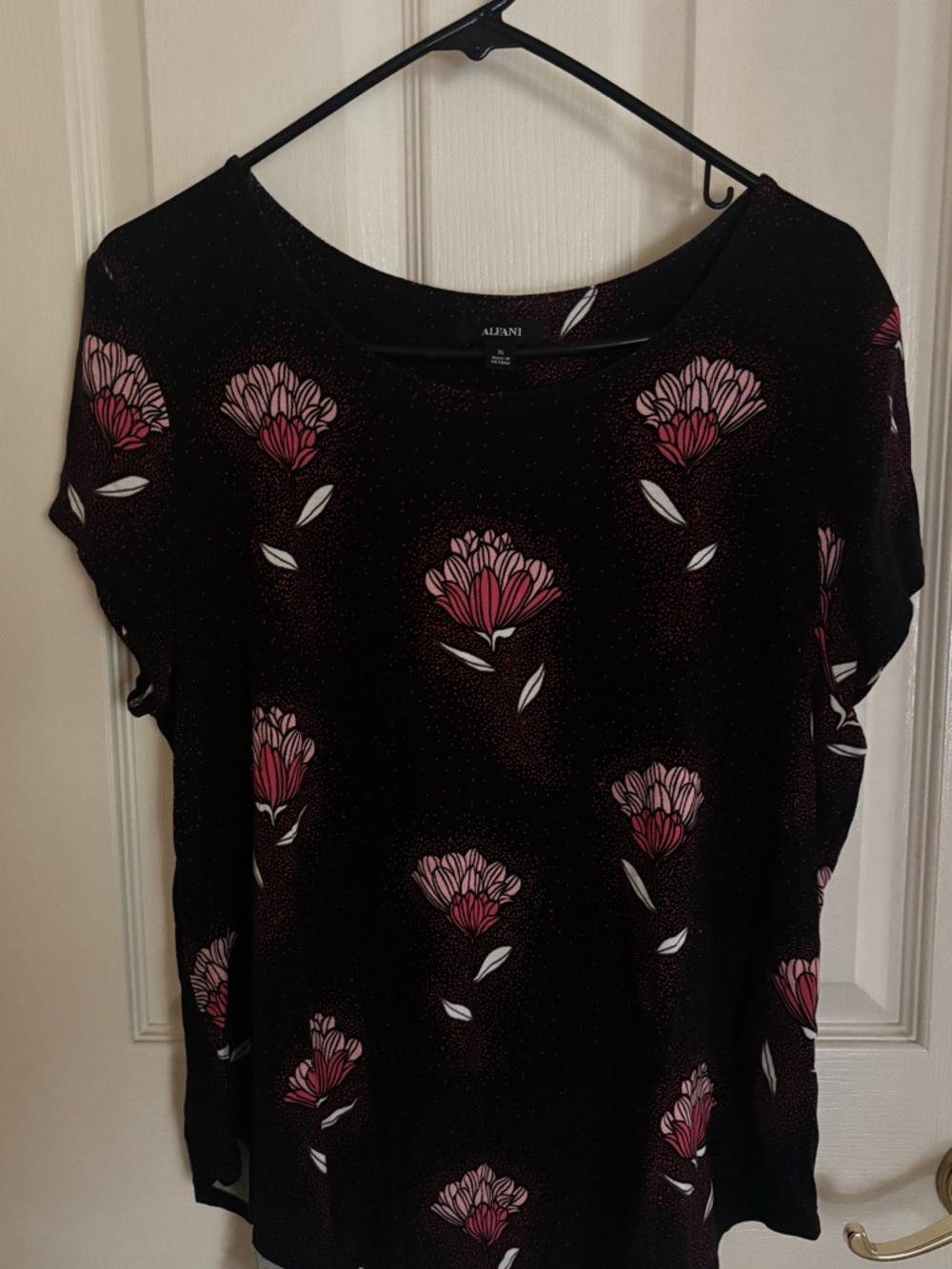 Alfani Black Short-Sleeve Floral Scoop Neck Top - Pink Flowers